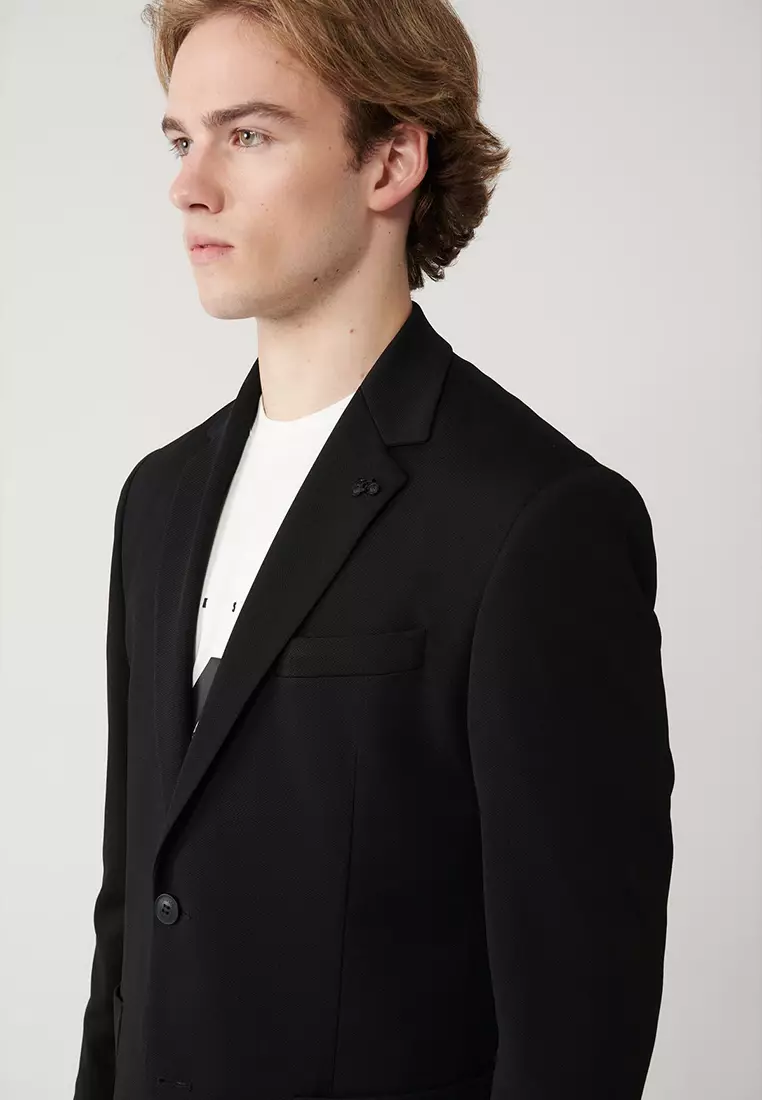 Men's Black Mono Collar Lined Slit Jersey Fabric Jacket B004000