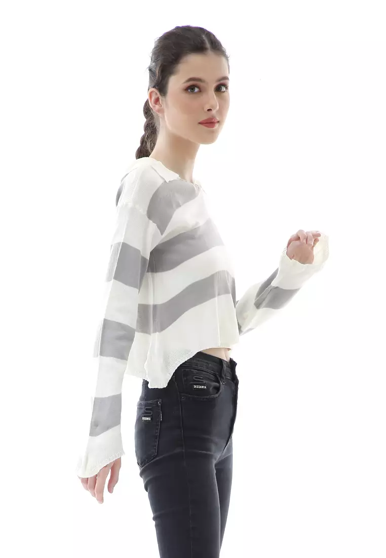 Vilia Rajut Crop Atasan Wanita Oversize Motif Stripe Garis Relaxed Fit - Abu Muda