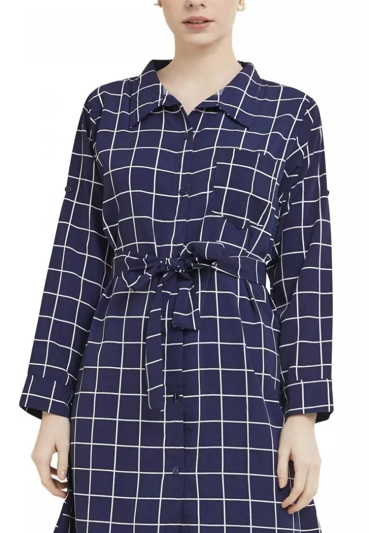 Tunik Square Lengan Panjang Baju Wanita Kotak-Kotak Regular Fit - Navy