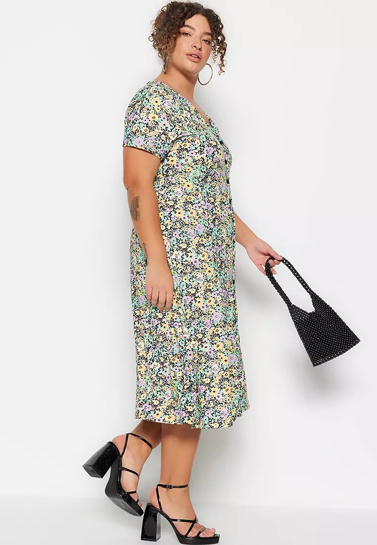 Plus Size Floral Pattern Midi Dress
