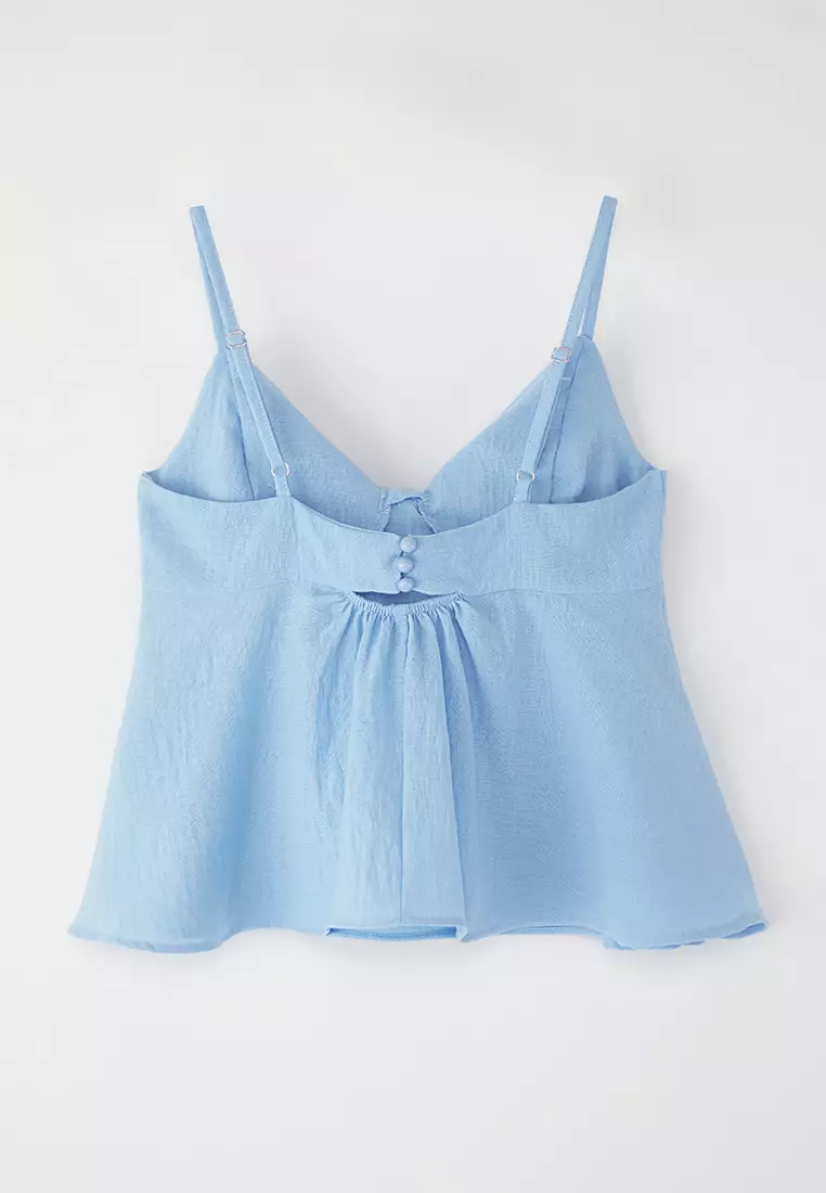 Light Blue Linen Look Bow Detail Woven Blouse with Straps TWOSS25BZ00249
