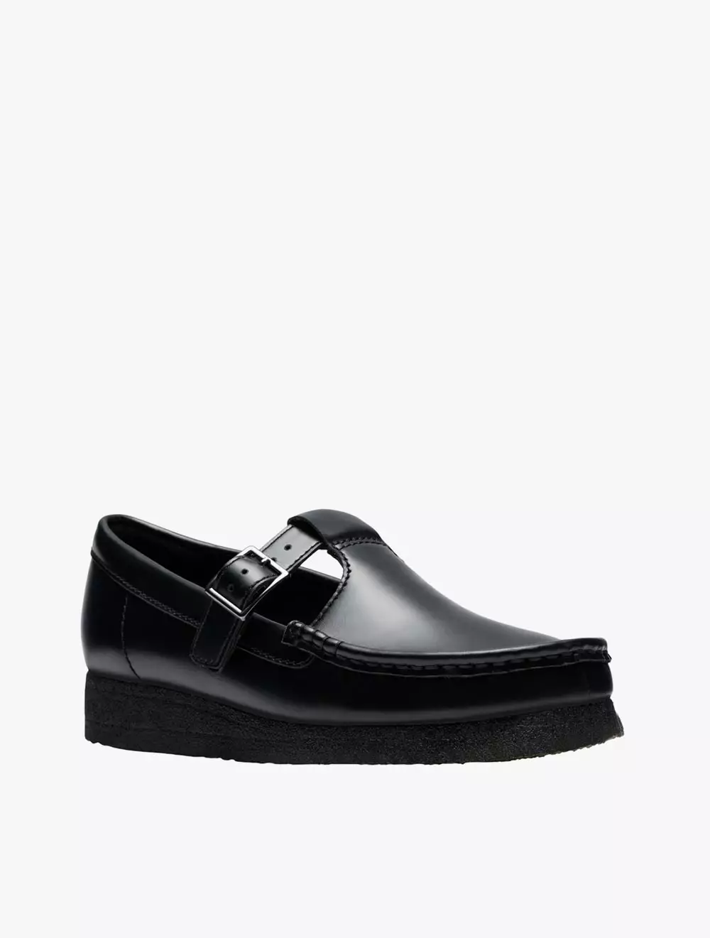 Clarks Wallabee T Bar Blk HiShine Lea