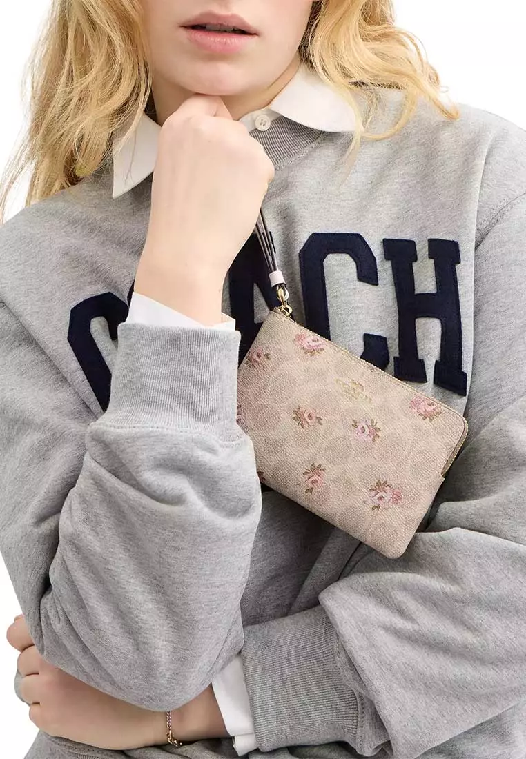 Corner Zip Wristlet In Signature Canvas With Floral Print Sand Multi CAR20