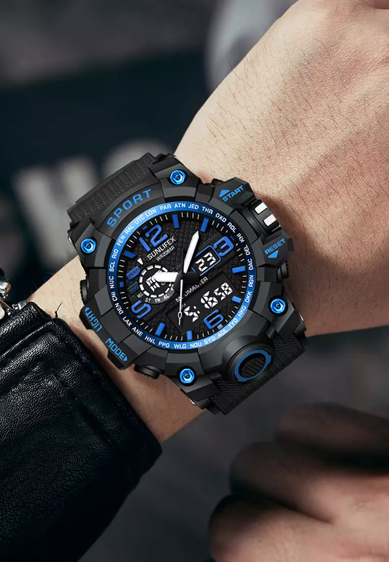 Jam Tangan Pria Digital Olahraga Kasual Tali Silikon Jam Tangan Cowok black blue