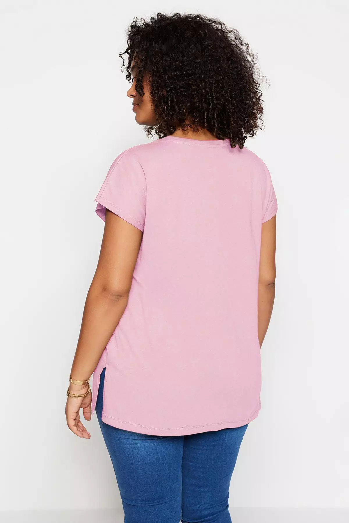 Pink Boyfriend V Neck Slit 100% Cotton Knitted T-Shirt TBBSS22BF0036