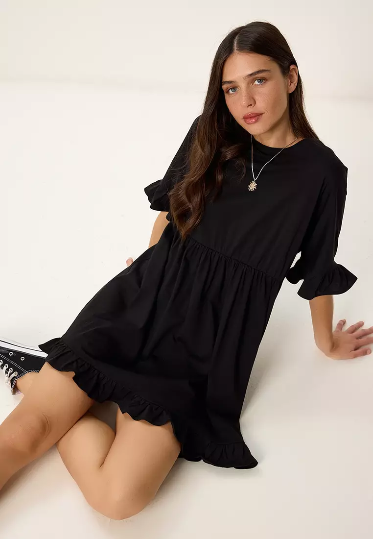 Women's Black Flounced Summer Knitted Dress Rc00159