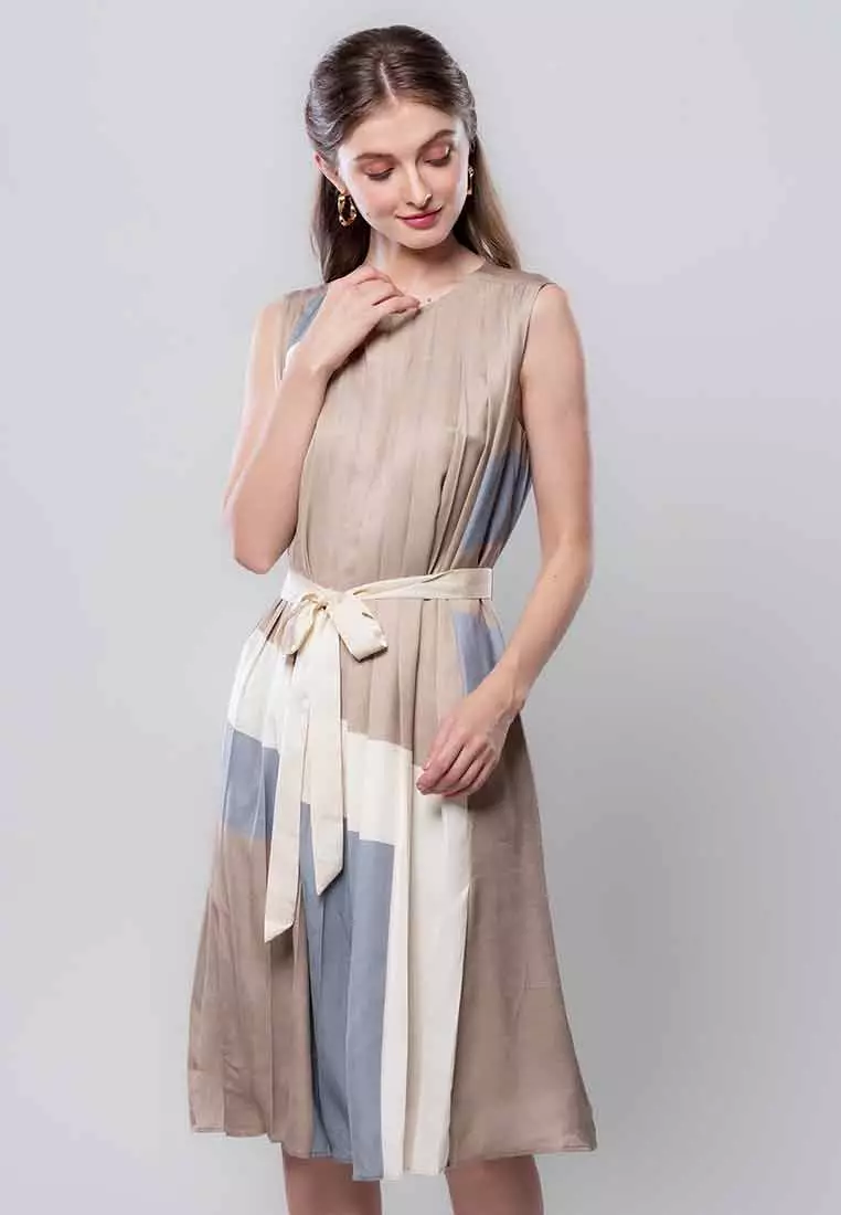 Virelle Pleated Shift Sleeveless Dress with Adjustable Belt