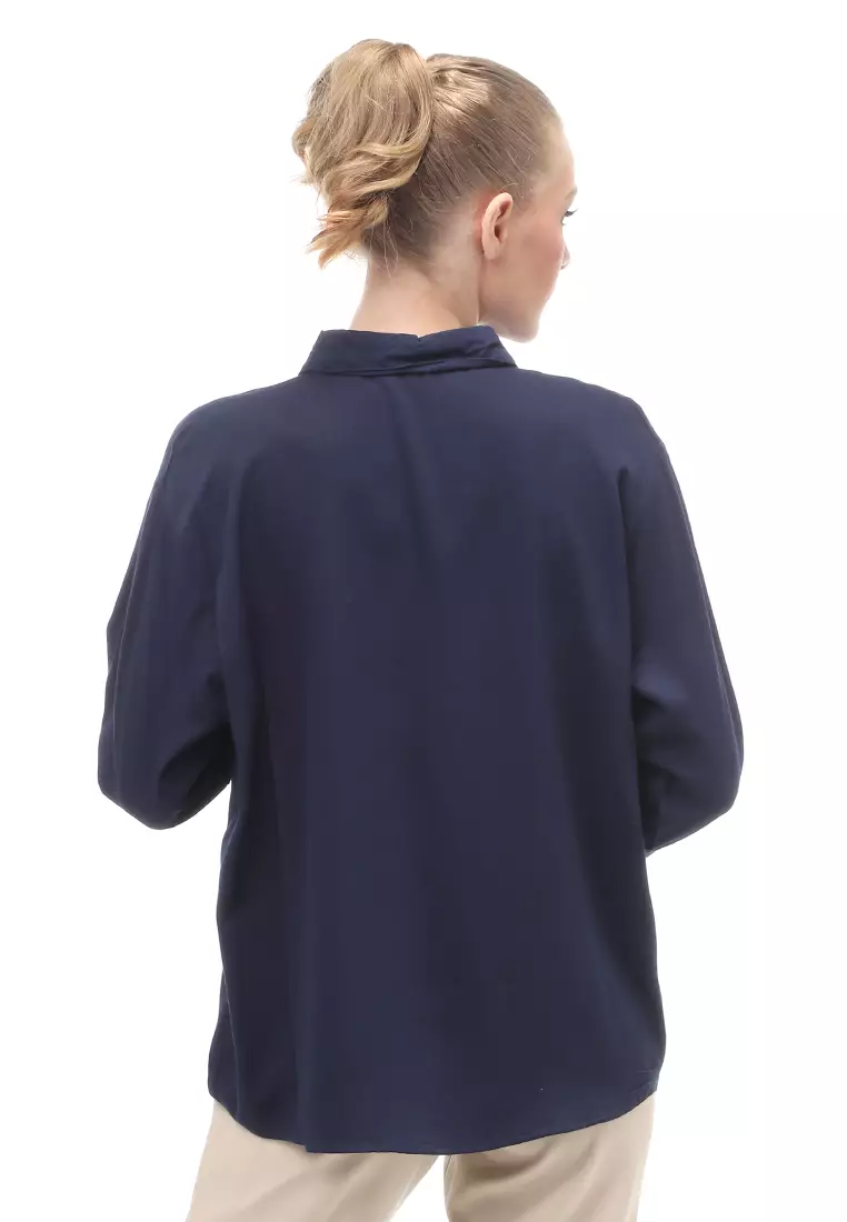 Dean Basic Shirt Lengan Panjang Atasan Wanita Front Button Opening Relaxed Fit - Navy
