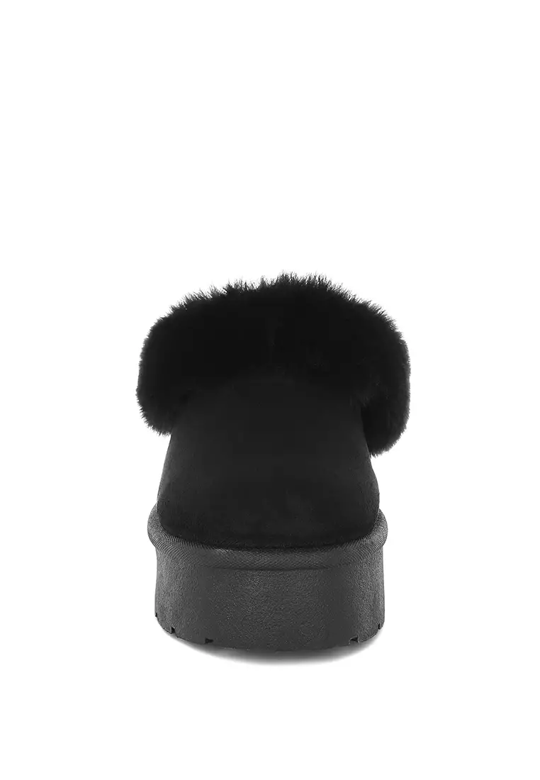 Sepatu Bot Salju Slip On Bulu Palsu Warna Hitam