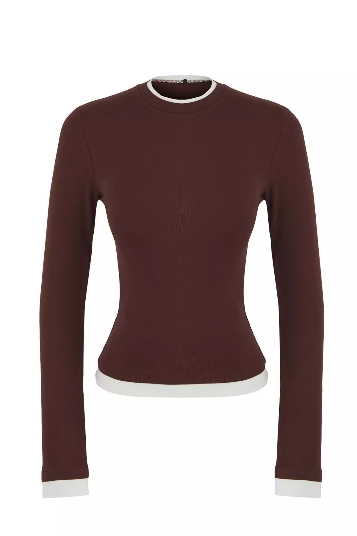 Brown Color Block Fitted/Body-Smoothing Viscose/Soft Fabric Flexible Knitted Blouse