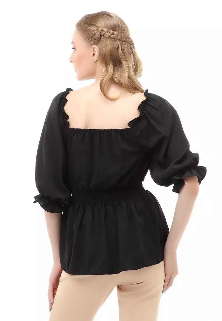 Cheva Blouse Atasan Wanita Sabrina Karet Pinggang Lengan Panjang Casual Shirt Long Sleeve Material Wolfis ORIGINAL - Black