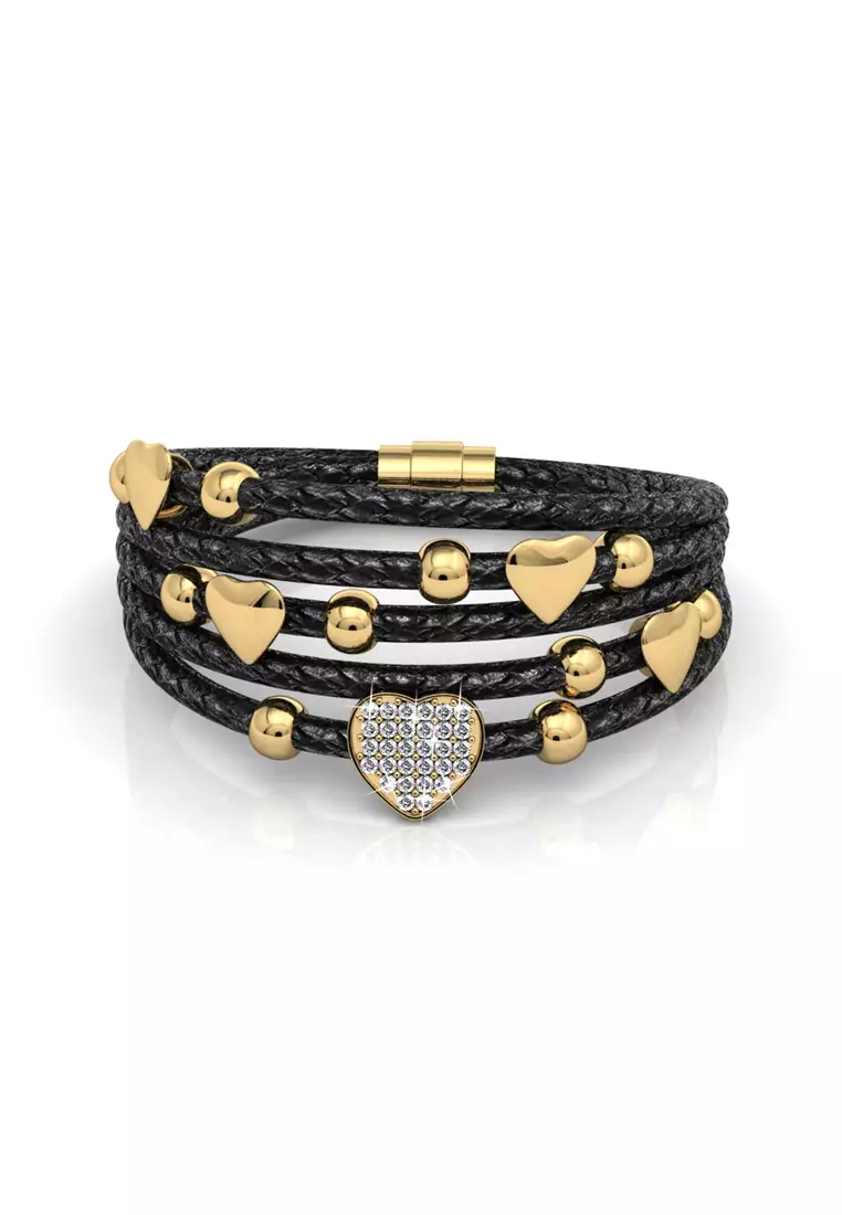 Her Jewellery Leather Love Bracelet (Black) - Luxury Crystal Embellishments plated with 18K Gold