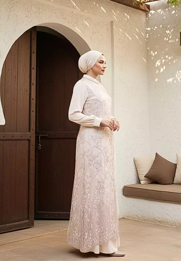 Dress Muslimah Lace Bordir Floral Premium Warna Cream – Tampil Anggun & Exclusive By Brilliant Girl Warna CREAM