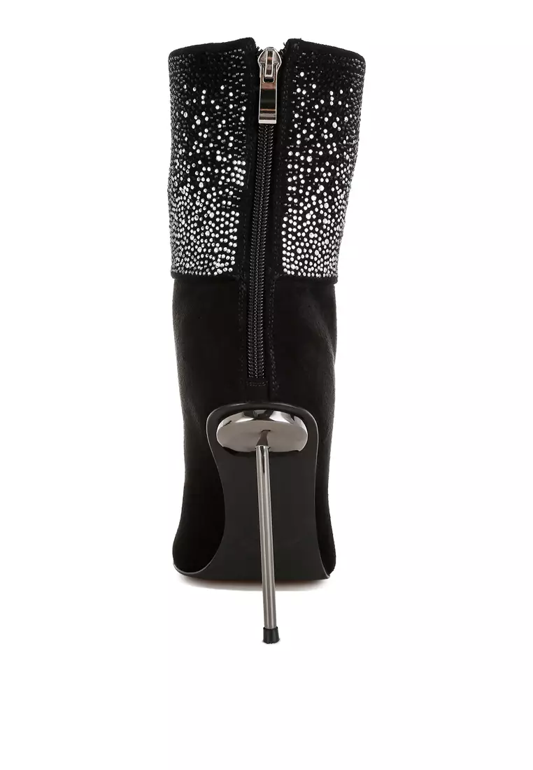 Rhinestones Embellished Foldover Boots in Black