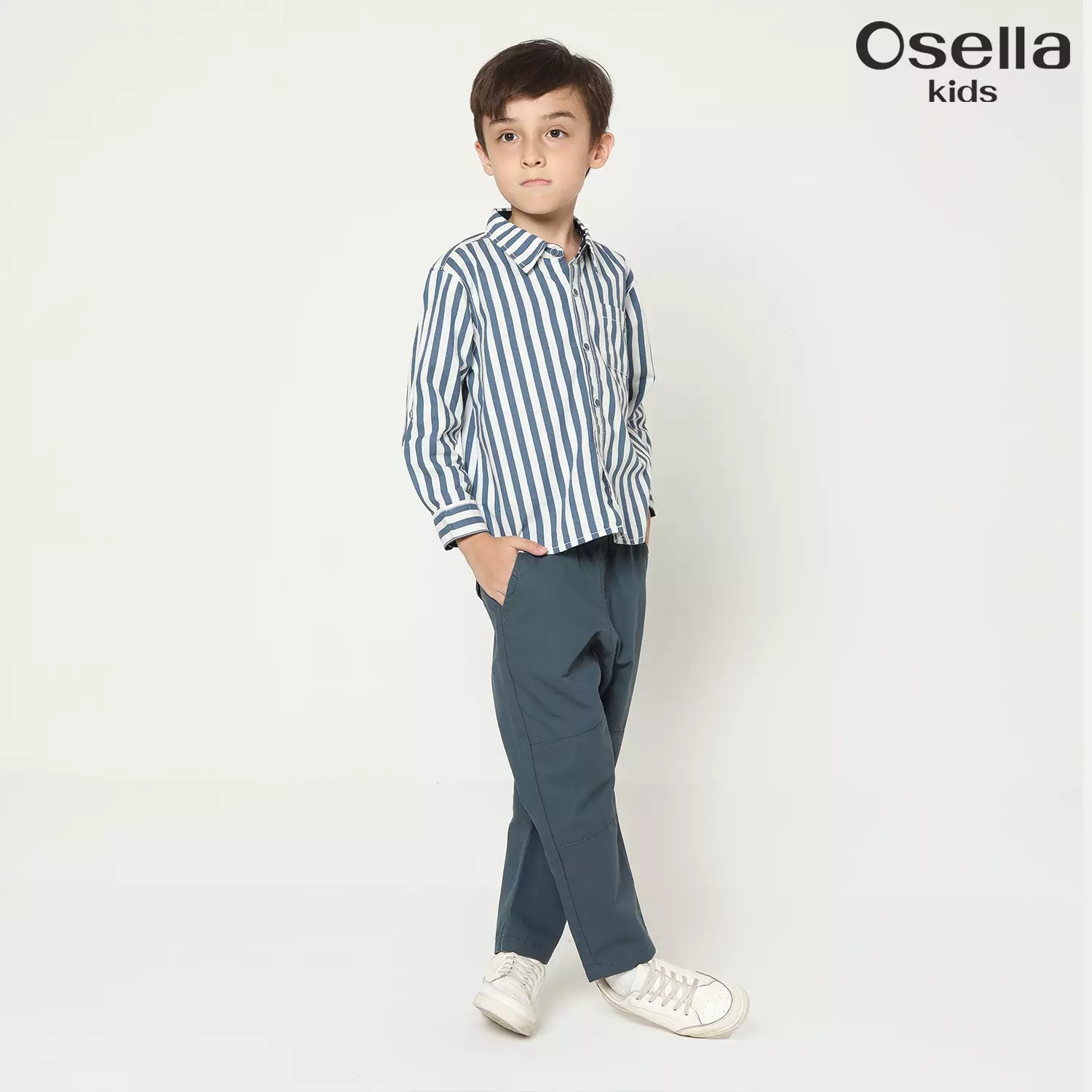 Osella Enzo Stripe Regular Fit Shirt In Blue 2237500736 | Kemeja Garis Garis Lengan Panjang Anak LakI Laki