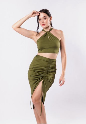 NAVVA BALI green Malya Crop Top and Ruched Skirt Set Army Green 6B8C4AAE49B294GS_1