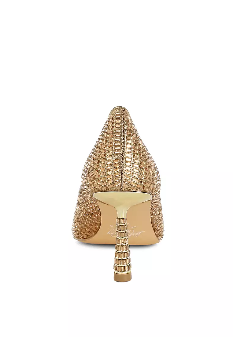 Sepatu Pumps Berhias Berlian Imitasi Warna Emas