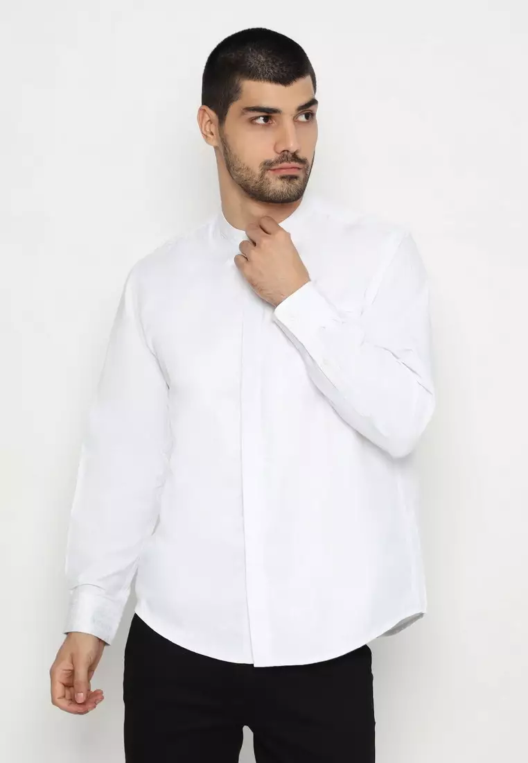 POLICE Kemeja Koko Polos Putih Regular Fit Lengan Panjang Pria