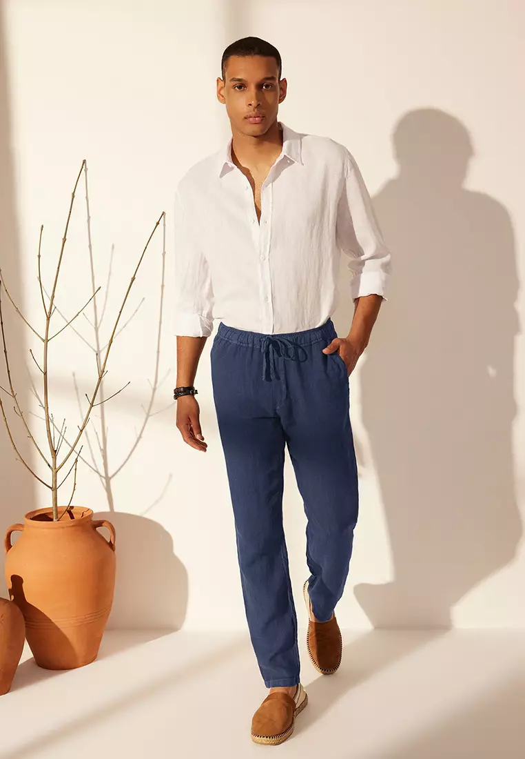 Navy Blue Limited Edition 100% Linen Regular Fit Trousers TMNSS24PL00018