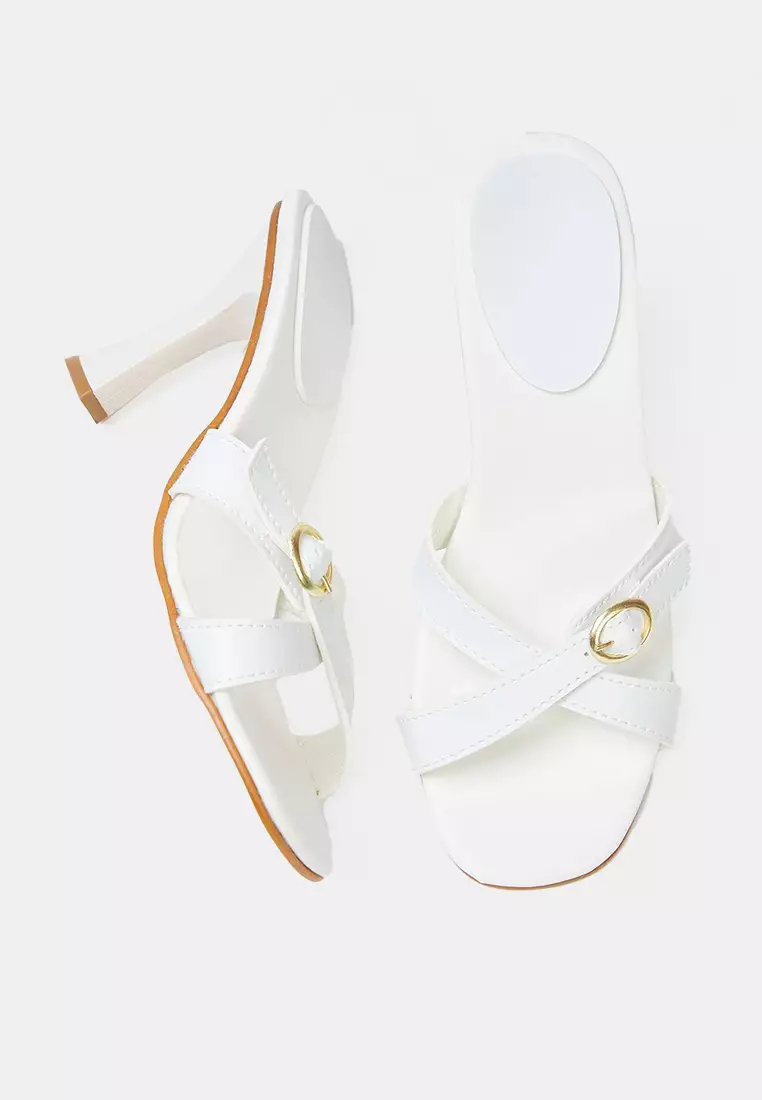 White Gold Buckle Square Toe Women Heels Slippers Takss25To00035