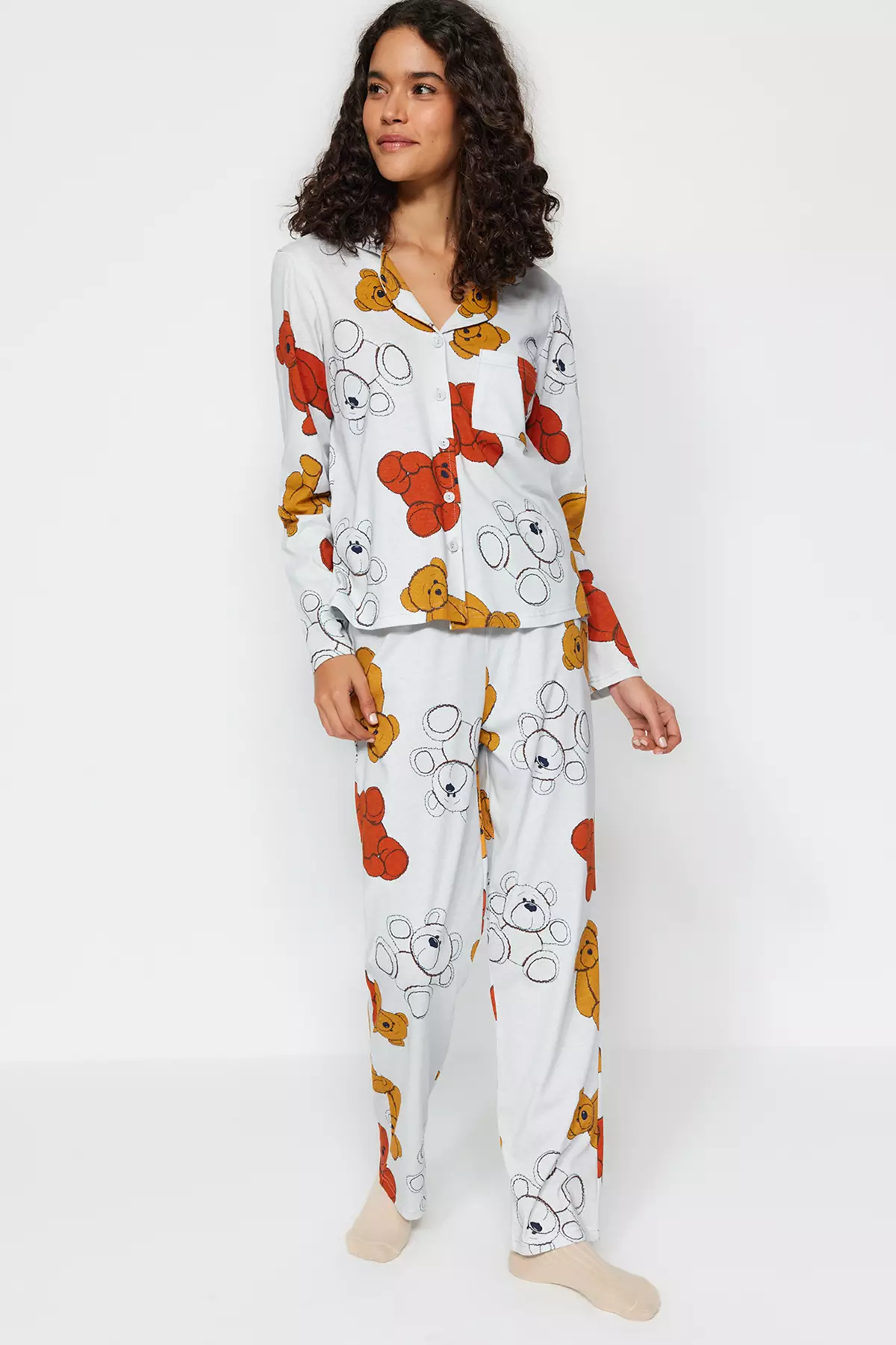 Gray Melange 100% Cotton Teddy Bear Shirt-Pants Knitted Pajama Set