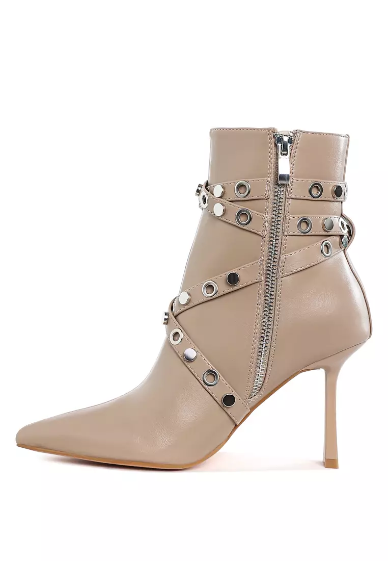 Eyelets & Studs Harness Ankle Boots in Beige
