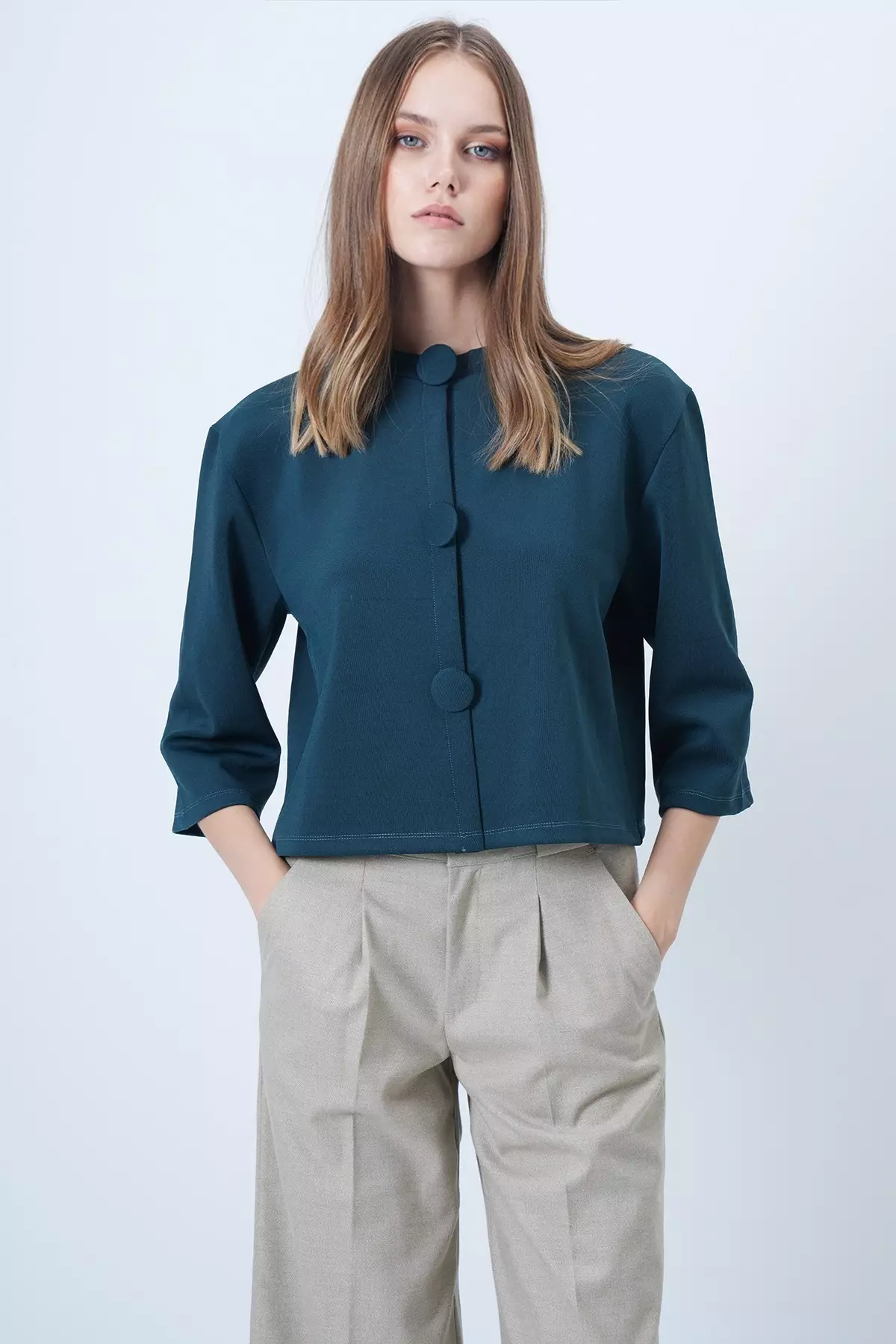 Green Coated Buttoned Crew Neck Custom Design Crop Jacket Alc-X14647