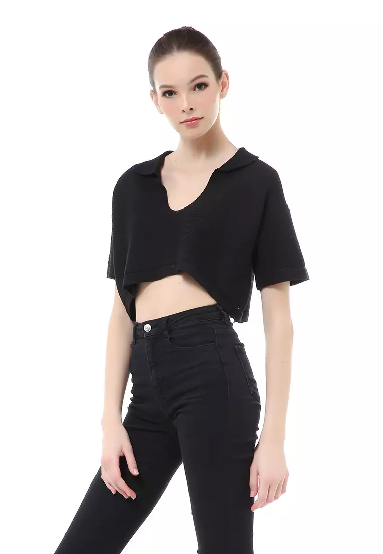 Albertine Atasan Crop Wanita Lengan Pendek Blouse Vneck Motif Polos Material Rajut ORIGINAL - Black