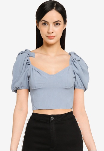 MISSGUIDED blue Puff Sleeves Tie Back Crop Top BFB71AA5500F02GS_1