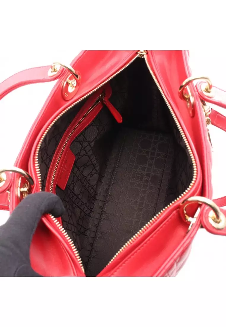 Pre-Loved Christian Dior lady dior Large Canage Handbag leather Red 2WAY