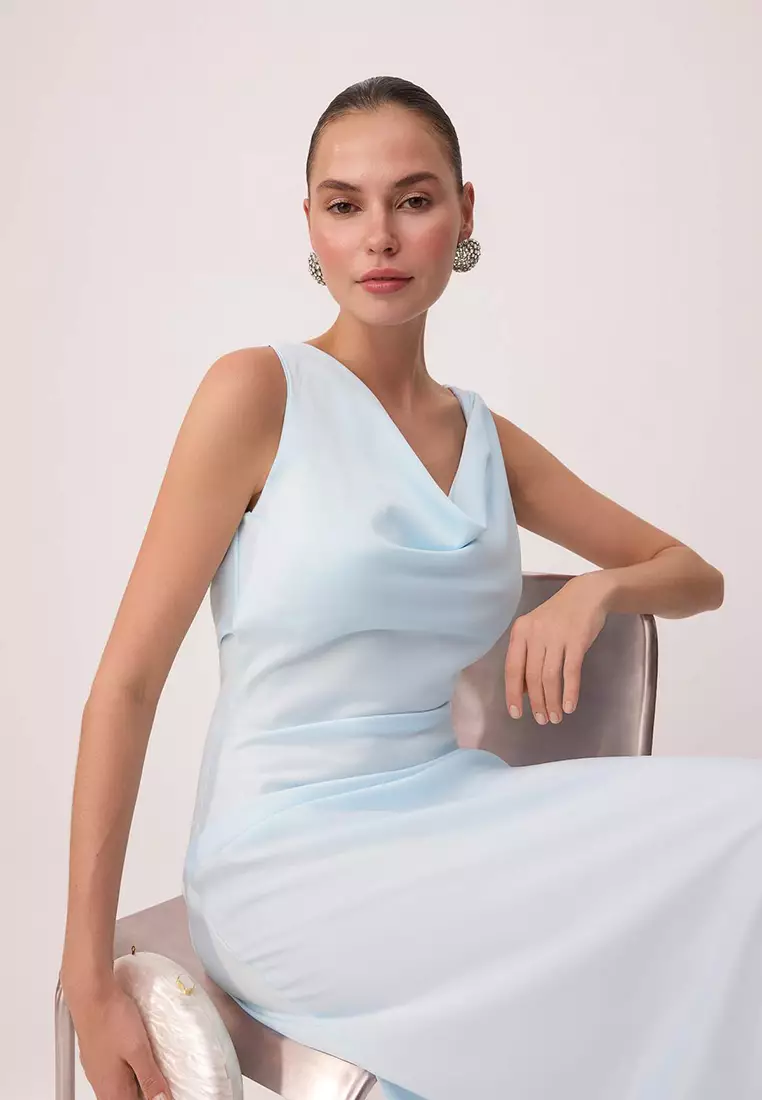 Light Blue Plain Weave Satin Maxi Unlined Stylish/Evening Dress