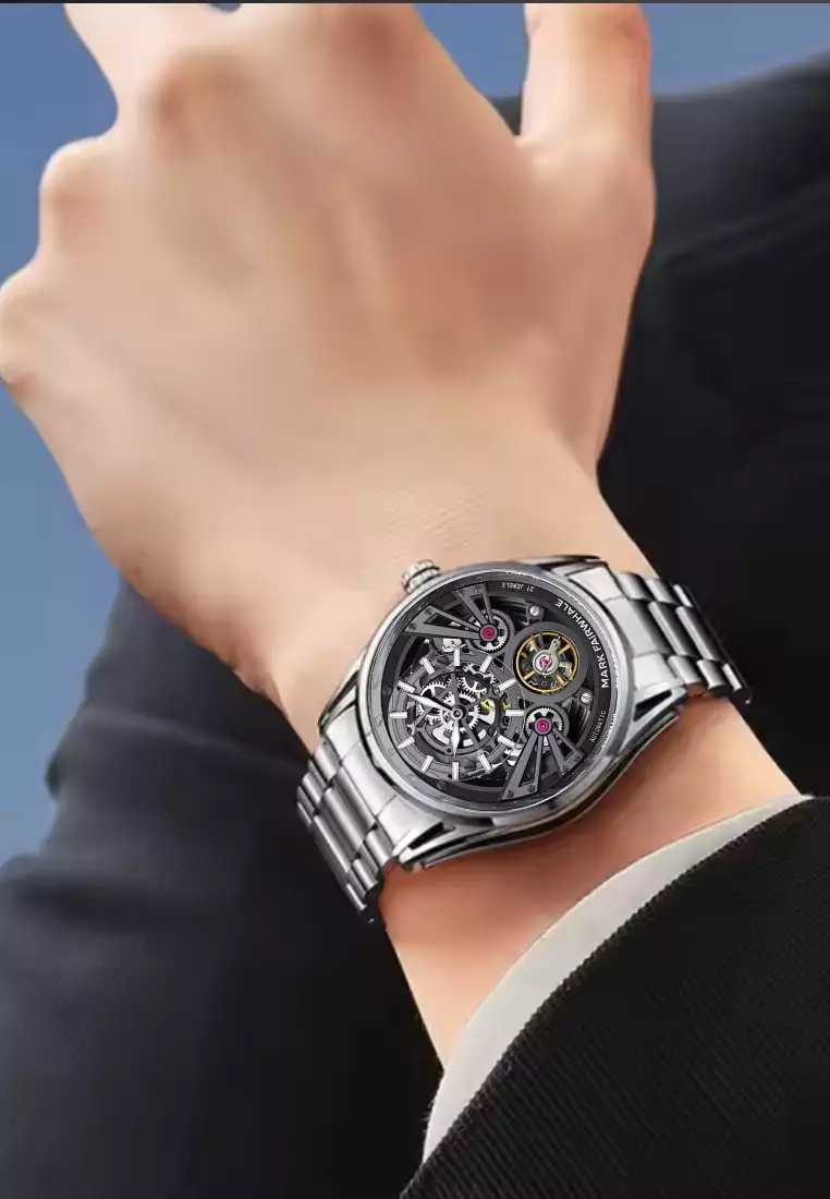 男女通用自動手錶，44 毫米輕質金屬合金錶殼，不鏽鋼錶帶