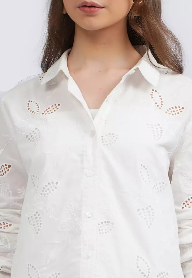Long Sleeve Eyelet Blouse OFF WHITE