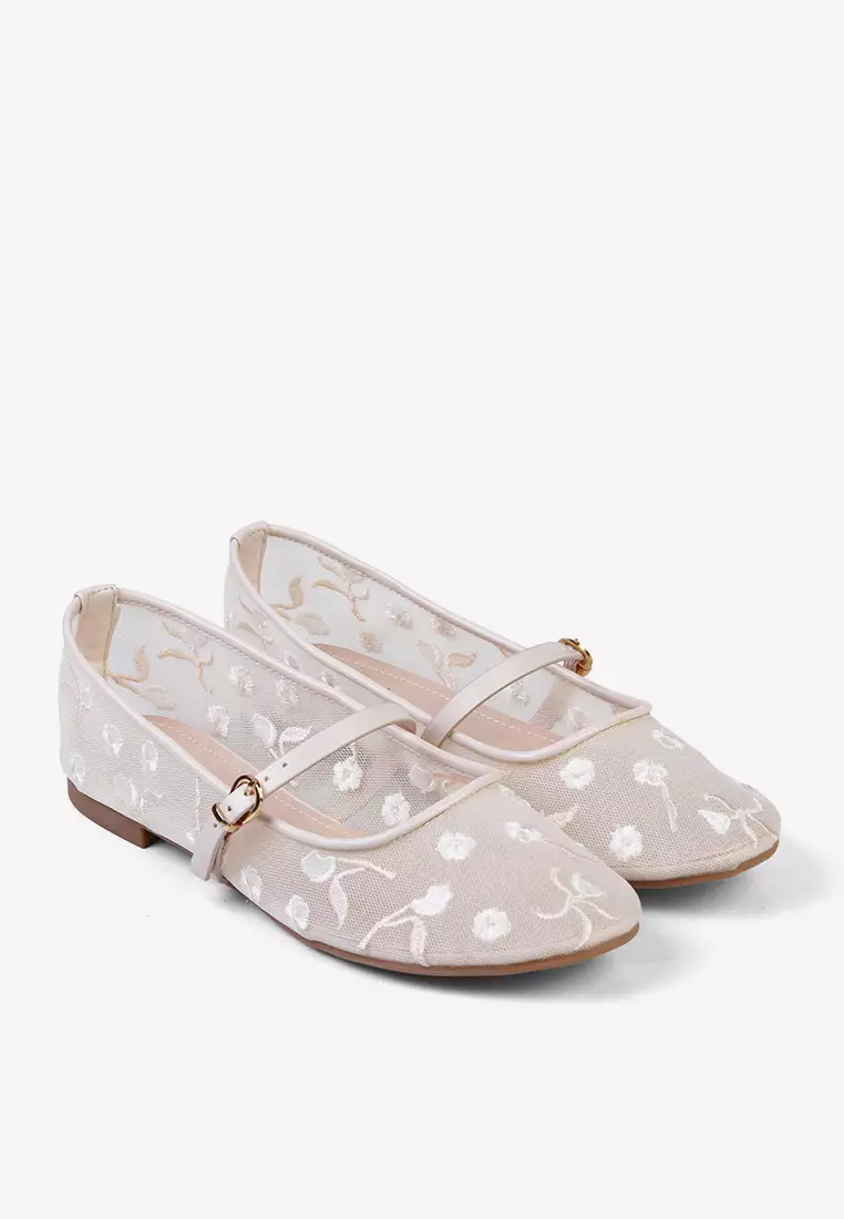 Eloise Mary Jane Mesh Flat Shoes Embroidery Flower Ballerina Cream