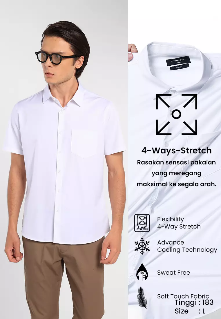 MANZONE - Kemeja Lengan Pendek Pria Mino 02 Slim Fit - White Warna White
