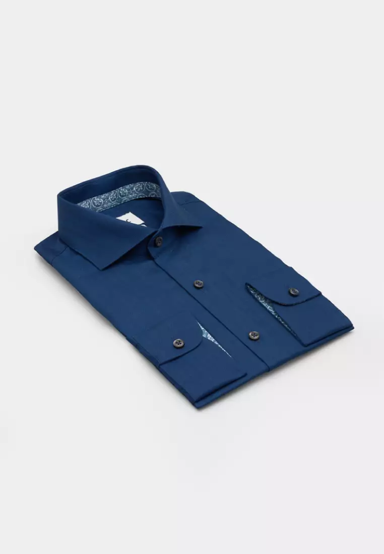 Navy Blue Herringbone Slim Fit Shirt