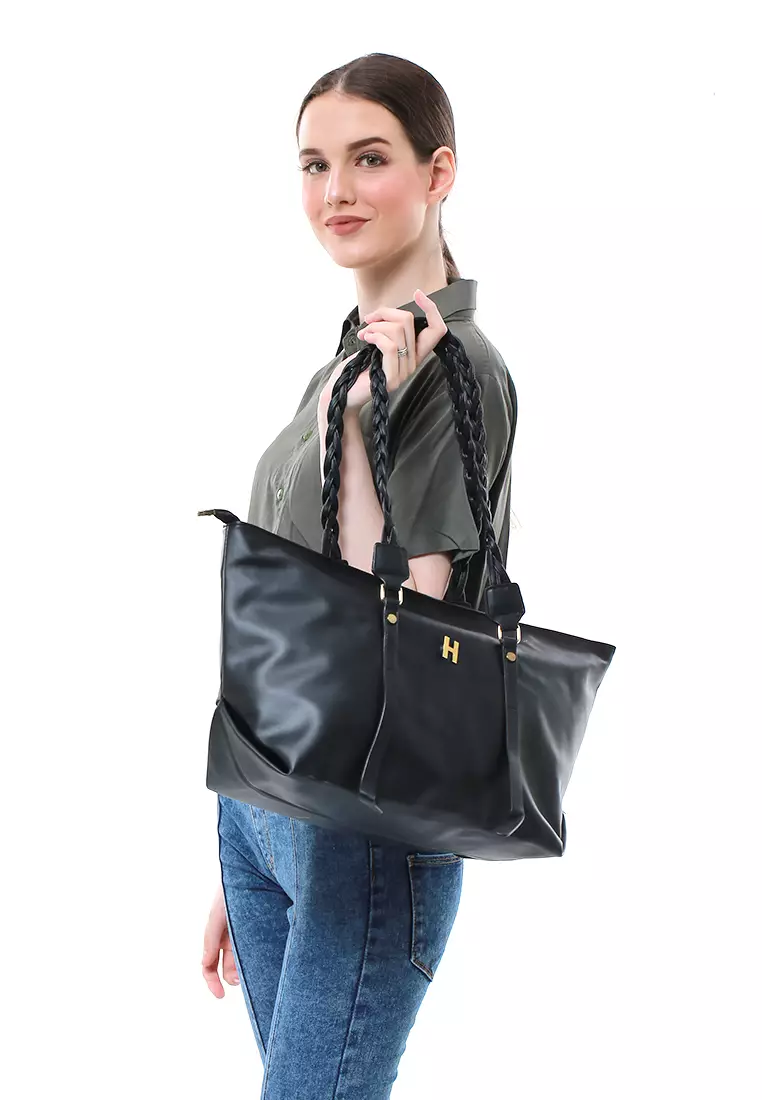 Laura Tote Bag Wanita Tali Desain Kepang Tas Bahu Large Compartment Material Leather ORIGINAL - Black