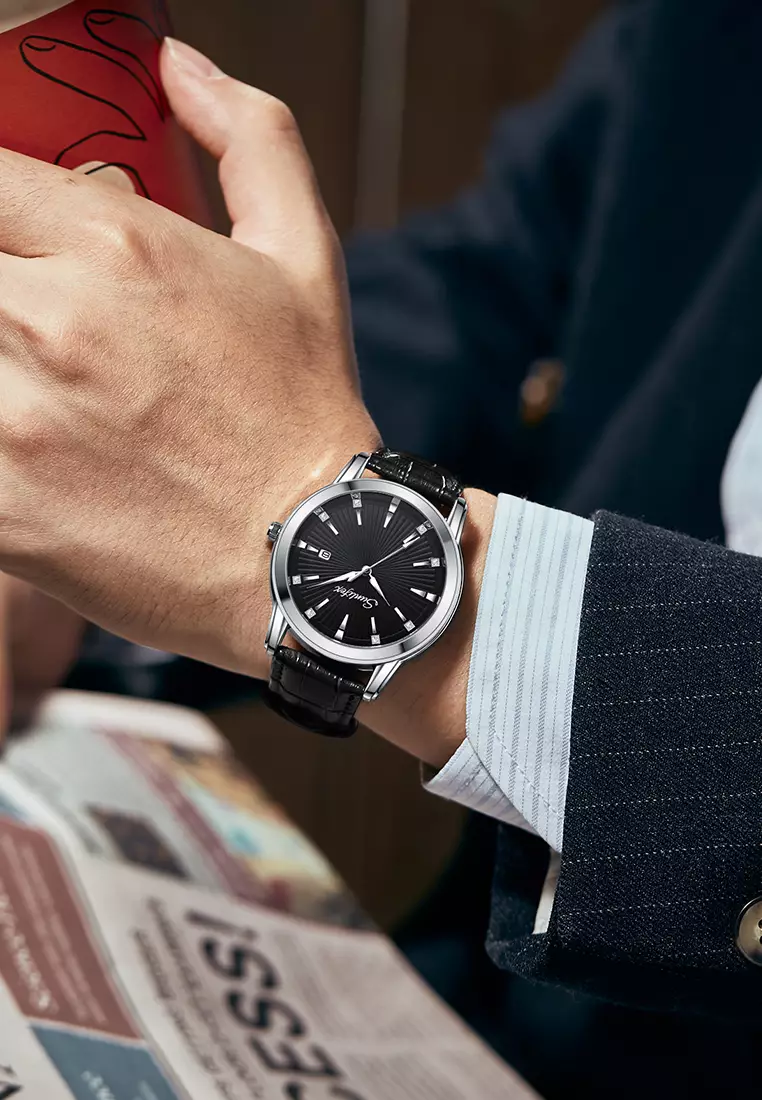 Jam Tangan Pria Original Kuarsa Bisnis Mode Anti Air Tali Kulit Jam Tangan Cowok 7006 black