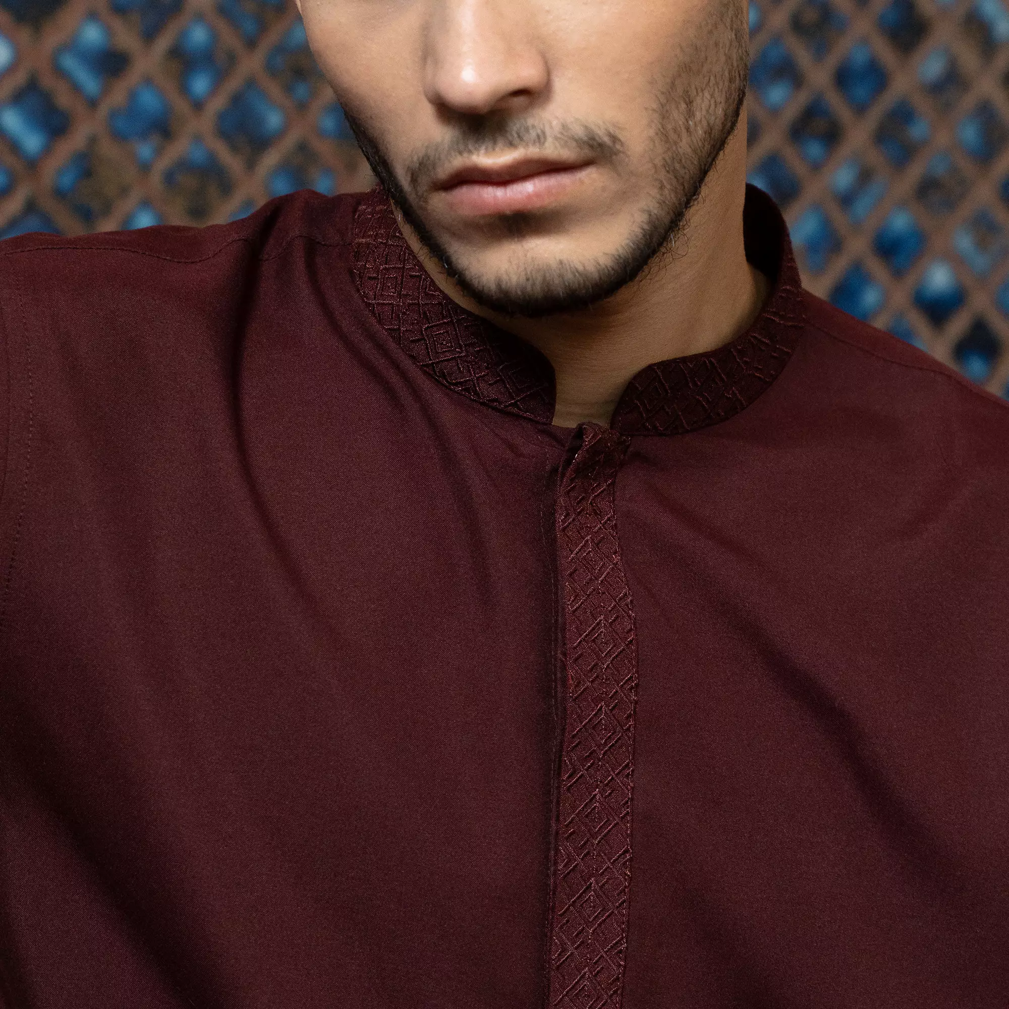 Kemeja Koko Bordir Azril Tangan Panjang Pria Muslim Lebaran Maroon