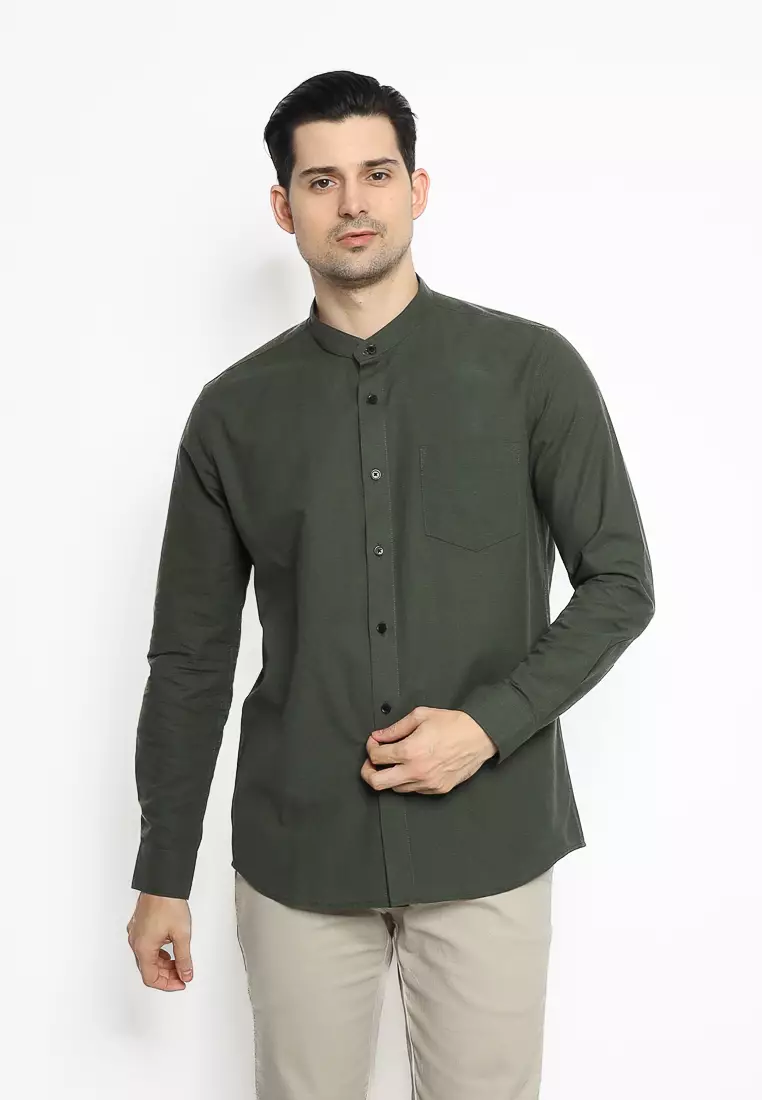 MAGINOT Kemeja Pria KOKO Basic Polos Lengan Panjang BOTTLE GREEN