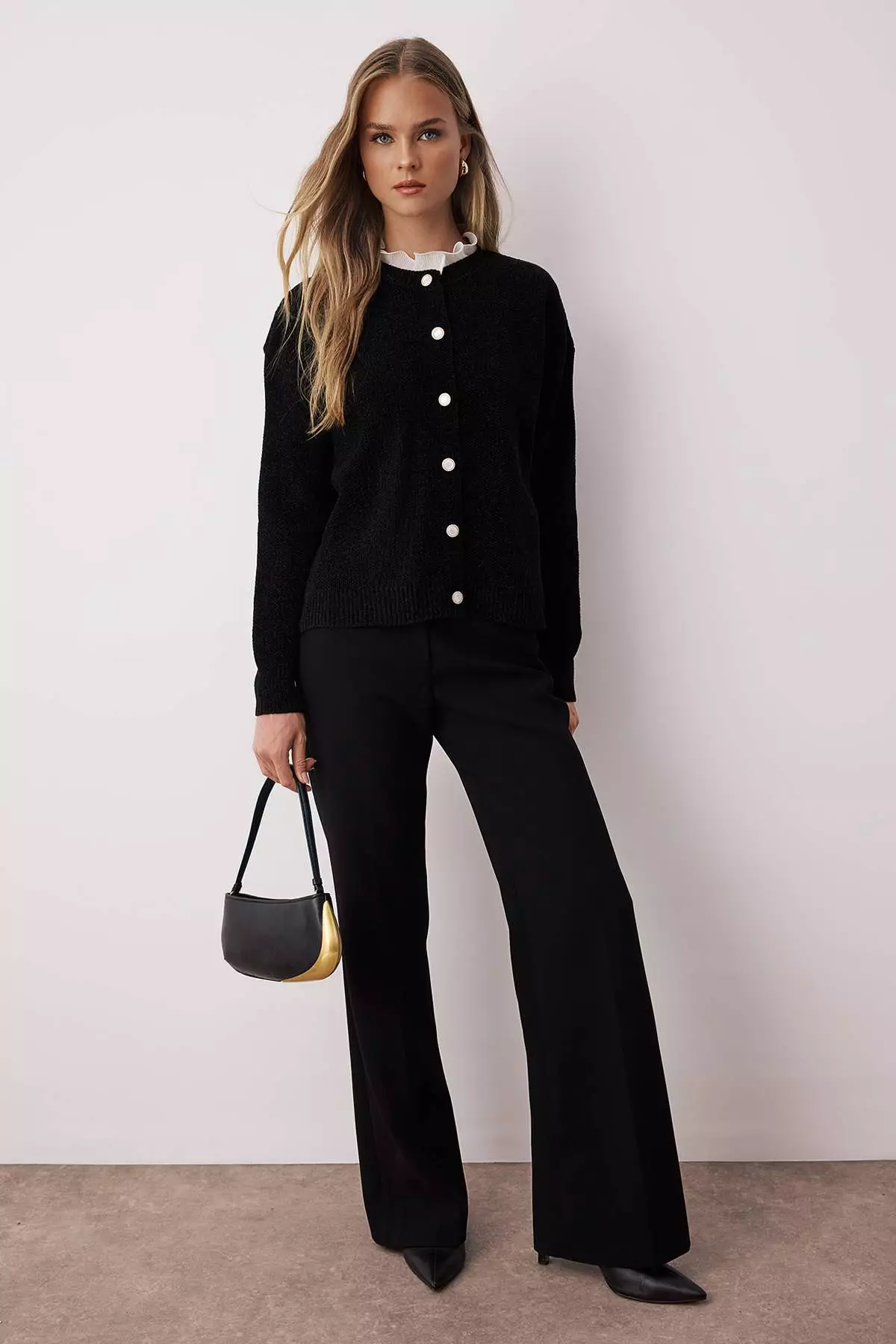 Black Block Special Yarn Tulle Garnish Knitwear Cardigan