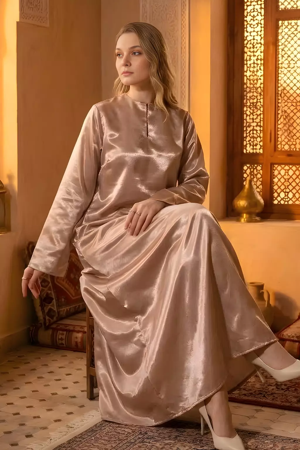 Demure Studio - DRESS IN SHIMMER TAUPE BROWN - MODEST DRESS- KAIN MIKADO