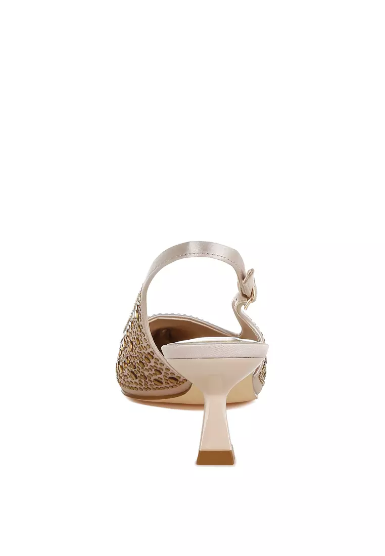 Pointed Toe Rhinestone Slingbacks in Beige