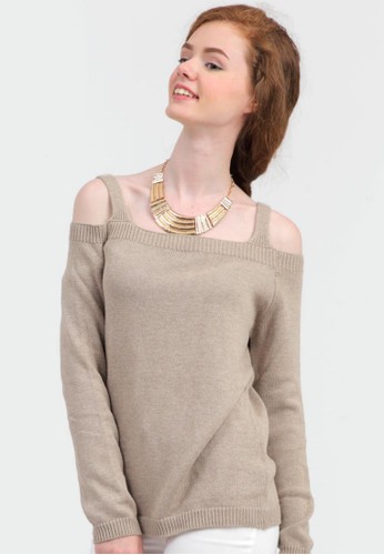 MKY Sallie Cut Off Shoulder Knit Sweater in Brown