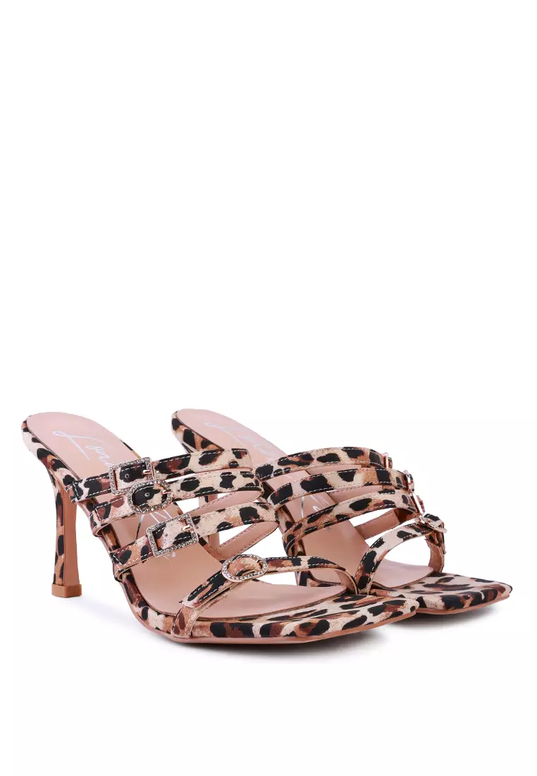 Leopard Print Diamante Buckle Mid Heel Sandals