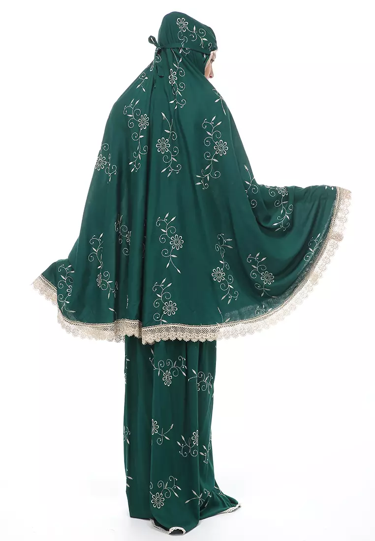 Hanjani Mukena Muslimah Atasan Bawahan Wanita Motif Bunga Relaxed Fit - Hijau Botol