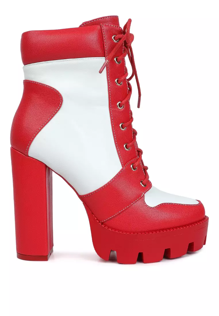 Discount on London Rag  shoes - SKU: Cow Printed Lace-Up Block Heel Boots In Red