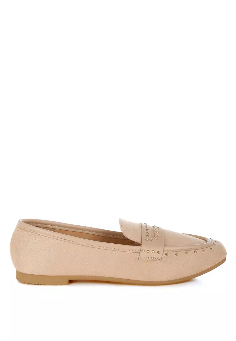 Penny Strap Studded Loafers In Beige