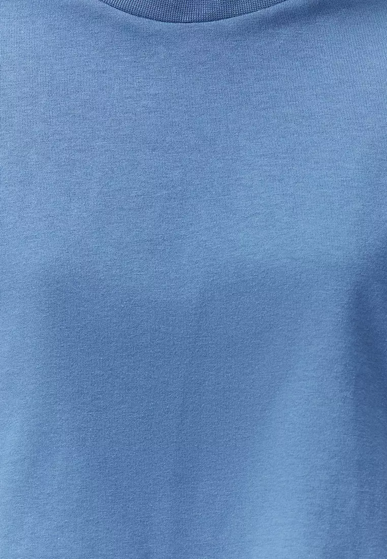 Indigo 100% Cotton Slit And Slit Detailed Oversize/Relaxed Cut Knitted T-Shirt Twoss24Ts00027