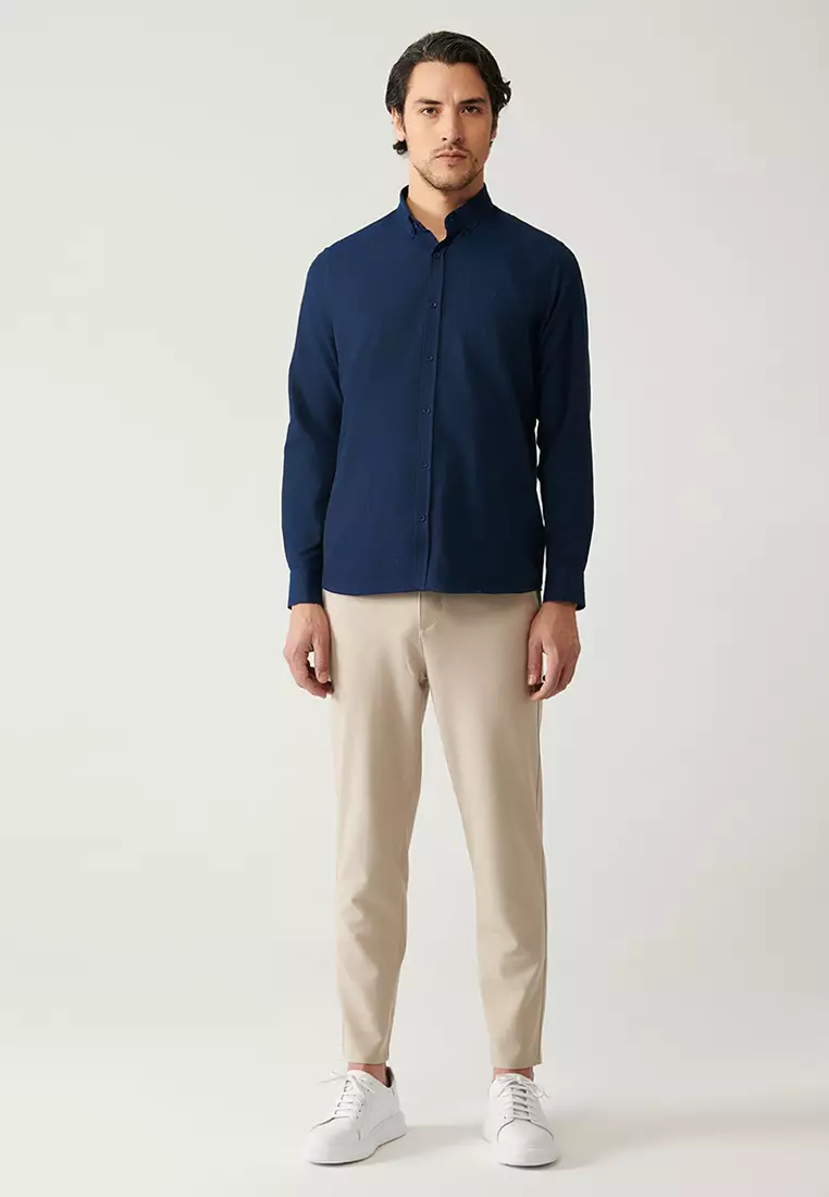 Men's Navy Blue Button-Down Collar Easy Iron Cotton Oxford Shirt E002000